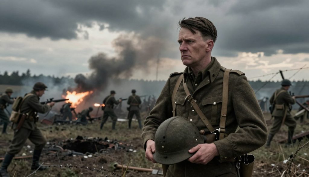 A World War I battlefield scene featuring a young soldier in German military attire, representing the early experience of Adolf Hitler during the war. In the foreground, focus on the soldier, looking determined and contemplative, holding a helmet in one hand. The middle ground showcases a chaotic battlefield with distant soldiers engaging in combat, artillery firing, and billowing smoke. The background includes a desolate landscape with craters and barbed wire under a dramatic, cloudy sky. The lighting is moody and atmospheric, with contrast between the darker tones of the battlefield and hints of light breaking through the clouds. The overall mood is somber and reflective, capturing the essence of the harsh realities of war.