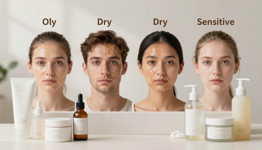 A beautifully arranged display showcasing the four basic skin types: oily, dry, combination, and sensitive. In the foreground, elegant skin care products tailored for each skin type, such as moisturizers and cleansers, artfully arranged. In the middle ground, distinct visual representations of each skin type – for oily skin, a glossy texture; for dry skin, a cracked surface; for combination skin, a split showing oily and dry areas; for sensitive skin, a calm surface with gentle colors. The background features soft, natural lighting that evokes a serene atmosphere, with muted, neutral tones enhancing the focus on the skin types. The overall mood is informative yet inviting, creating an engaging visual aid for understanding basic skin types.