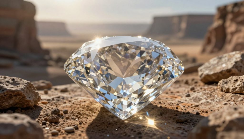 A breathtaking close-up of a billion-year-old diamond, displaying its intricate facets and brilliant sparkle in the foreground. The diamond is set against a textured backdrop of ancient rocks and geological elements, suggesting its deep-rooted history. In the middle ground, soft light filters through, illuminating the diamond's surface and creating a shimmering effect that symbolizes its journey through time. The background features a blurred landscape of a prehistoric Earth, giving a sense of age and vastness. The overall atmosphere is one of majesty and mystery, evoking the wonder of natural processes taking place over millions of years. The lighting is warm and inviting, enhancing the brilliance of the diamond while maintaining a sense of timeless elegance.