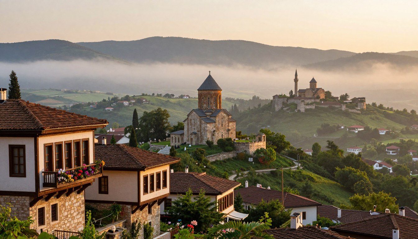 A breathtaking panoramic view of historical Trabzon, showcasing its lush green landscapes and misty horizons. The foreground features traditional Ottoman architecture, with wooden balconies adorned with colorful flowers. In the middle ground, ancient stone churches and fortresses rise majestically, surrounded by verdant hills. The background reveals dramatic mist-covered mountains under a soft golden light of dawn, creating an enchanting atmosphere. Capture the image from a slightly elevated angle to emphasize depth, with the sun gently illuminating the scene, enhancing the rich textures of the buildings and the vibrant greenery. The mood should convey a sense of timeless beauty and tranquility, inviting viewers to immerse themselves in this unforgettable landscape.