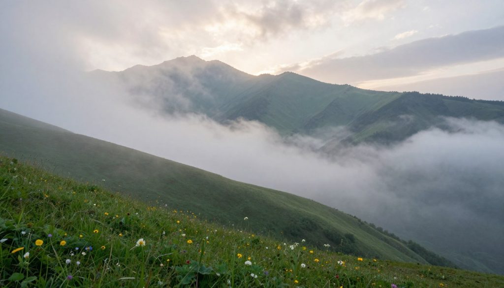 A breathtaking view of the fog enveloping the highlands of Trabzon, Turkey. In the foreground, lush green hills dotted with vibrant wildflowers, creating an inviting natural tapestry. The middle ground showcases majestic mountains partially concealed by a soft, ethereal fog, giving a sense of mystery and depth. In the background, towering peaks rise sharply, their outlines softened by the haze. The lighting is soft and diffused, evoking the calmness of an early morning, with gentle light filtering through the clouds. The atmosphere is serene and magical, capturing the enchanting beauty of nature as the clouds embrace the mountains. The scene is framed from a low angle to highlight the fog's play with the landscape. A breathtaking view of the fog enveloping the highlands of Trabzon, Turkey. In the foreground, lush green hills dotted with vibrant wildflowers, creating an inviting natural tapestry. The middle ground showcases majestic mountains partially concealed by a soft, ethereal fog, giving a sense of mystery and depth. In the background, towering peaks rise sharply, their outlines softened by the haze. The lighting is soft and diffused, evoking the calmness of an early morning, with gentle light filtering through the clouds. The atmosphere is serene and magical, capturing the enchanting beauty of nature as the clouds embrace the mountains. The scene is framed from a low angle to highlight the fog's play with the landscape.