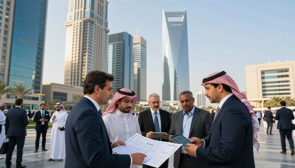 A bustling outdoor scene in Riyadh showcasing the dynamic economic growth and investment opportunities. In the foreground, a diverse group of professionals in business attire engaging in discussions, while reviewing architectural blueprints and digital tablets. The middle ground features modern skyscrapers and financial institutions, representing a thriving business environment. In the background, the iconic Kingdom Centre Tower glistens under bright sunlight, symbolizing prosperity. The sky is a clear blue, suggesting optimism and a forward-looking vision. Soft, natural lighting casts gentle shadows, enhancing the vibrant atmosphere. This image captures the essence of Riyadh as a driving force of the Saudi economy, filled with promise and potential for investors.