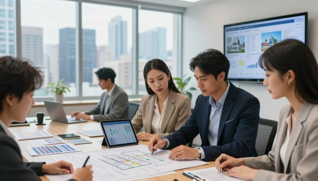 A bustling real estate office, foreground: a diverse team of three professionals, two wearing smart business attire, focused on analyzing property charts and documents, with a digital tablet displaying investment metrics. Middle ground: a large conference table laden with blueprints and marketing materials, while a wall-mounted screen shows attractive property listings and market trends. Background: floor-to-ceiling windows revealing a vibrant city skyline under bright daylight, symbolizing growth and opportunity. The atmosphere is energetic and collaborative, emphasizing practical strategies for real estate investment. Soft, natural light fills the room, enhancing the professional yet welcoming mood, with a slight blur effect on the background to maintain focus on the team.