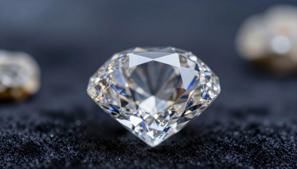 A close-up image of a natural diamond in its raw form, showcasing its rough, multifaceted texture that emphasizes its unmatched hardness. In the foreground, the diamond should be placed on a dark velvet surface, reflecting soft, diffused light that creates a shimmering effect on its edges. The middle ground features subtle hints of surrounding earth, with small rocks and minerals, illustrating the diamond's geological origins. The background fades into a soft gradient of dark blues and silvers, evoking a sense of depth and mystery. The overall atmosphere should feel luxurious yet grounded, capturing the awe and toughness of the hardest natural material on Earth. Use a macro lens perspective to emphasize the intricate details of the diamond, while maintaining a sense of elegance and sophistication.