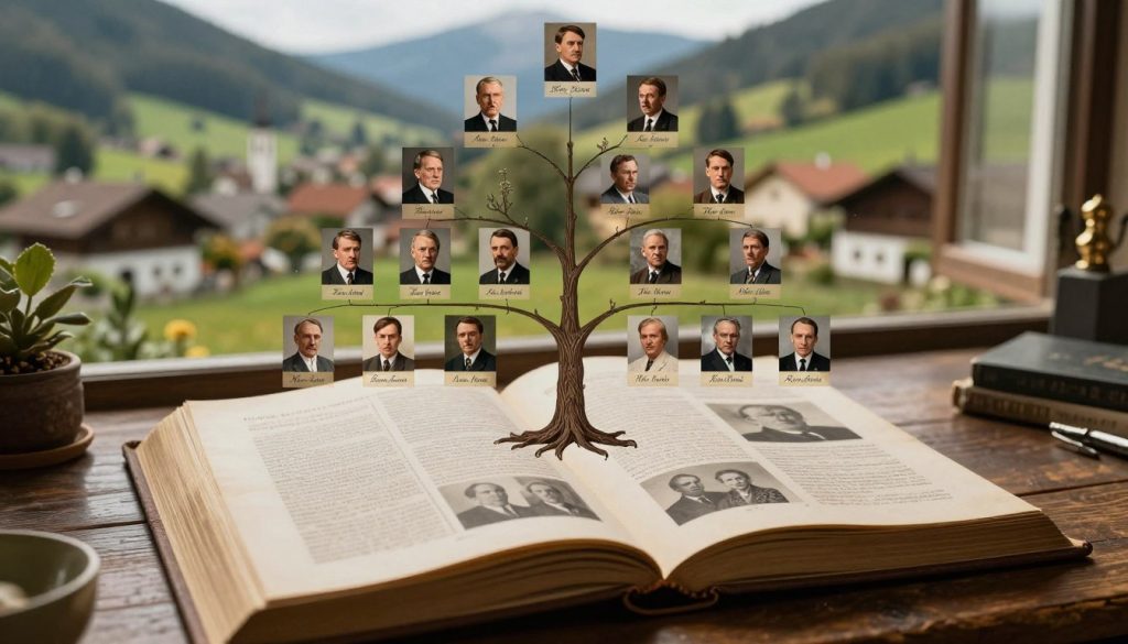 A detailed family tree illustrated against a historical backdrop, showcasing the lineage of Adolf Hitler. In the foreground, an ornate family tree with branches labeled in elegant script, depicting key ancestors with small portraits, dressed in late 19th and early 20th-century attire. The middle ground features an aged, open book revealing historical documents and photographs, set on a wooden table. In the background, a soft-focus image of a quaint Austrian village, symbolizing his origins, with rolling hills and traditional architecture. The scene is bathed in warm, natural light filtering through an unseen window, creating a reflective and informative atmosphere. The perspective should evoke a sense of depth, inviting viewers to explore the connections in Hitler's ancestry without any text or visual distractions.