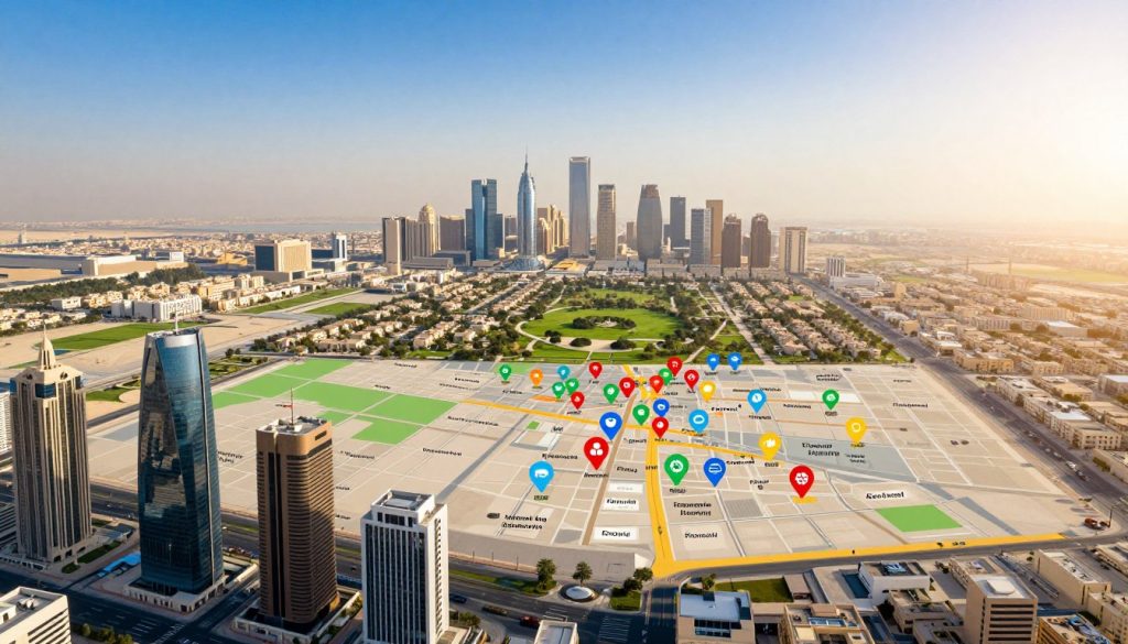 A detailed, vibrant map of real estate investment hotspots in Riyadh, showcasing key areas marked with bright, distinguishing icons. In the foreground, include modern buildings and skyscrapers, closely representing Riyadh's cityscape. The middle ground should feature green parks and residential neighborhoods, indicating community spaces and potential investment zones. In the background, a clear blue sky with soft, warm sunlight bathing the city in a golden glow. Capture the essence of opportunity and prosperity, ensuring the mood is optimistic and energetic, suitable for investors. Use a wide-angle lens perspective to create an expansive view of the map, emphasizing its detail and layout.
