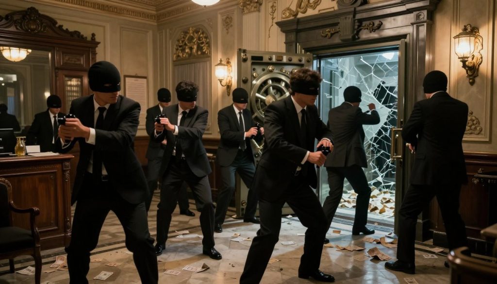 A dramatic depiction of the 1976 Beirut Bank heist, focusing on an intense and chaotic scene. In the foreground, a group of masked and professionally dressed individuals are seen executing a tactical plan, showcasing their determination and urgency. The midground features an ornate bank interior, with vintage furniture, intricate moldings, and a large vault door, partially opened, hinting at the loot inside. In the background, shattered glass and scattered bank notes create a sense of crisis. The lighting is dim, with spotlights illuminating the key action areas, casting deep shadows that enhance the tension. The overall mood is one of suspense and mystery, reminiscent of a military operation, evoking a sense of history and significance.