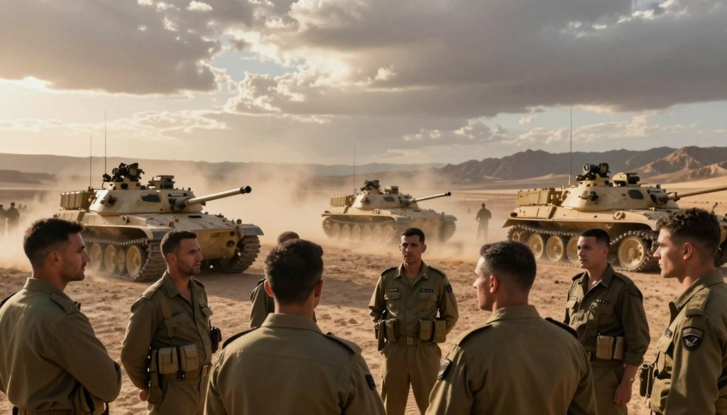 A dramatic historical depiction of the Sinai War, showcasing a tense battlefield scene. In the foreground, a diverse group of soldiers in professional military attire engage in strategic discussions, with focus on their determined faces. The middle ground features armored vehicles and tanks positioned strategically, ready for action, while a cloud of dust rises from their movements. In the background, a rugged desert landscape stretches under a vast, cloudy sky, with hints of mountains in the distance. The lighting captures the golden hues of the setting sun, casting long shadows and creating a somber, reflective mood. The atmosphere is charged with anticipation, encapsulating the gravity of the conflict without showing explicit violence.