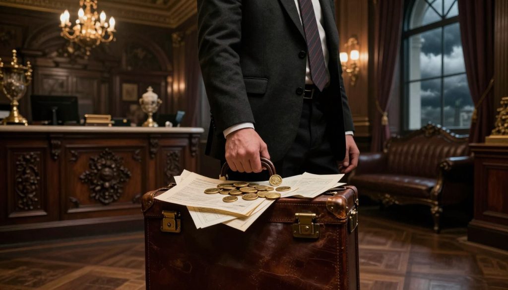 A dramatic portrayal of the largest theft in history, set in a richly detailed historical context. In the foreground, a mysterious figure in professional business attire, partially shrouded in shadows, clutches a worn leather briefcase overflowing with gold coins and stolen documents. The middle ground features an opulent old bank interior, showcasing intricately carved wooden furniture and elaborate chandeliers, hinting at wealth and secrecy. In the background, hints of an outside scene through large windows, where stormy clouds gather, creating a tense atmosphere. Soft, dim lighting highlights the contours of the figure while casting long shadows, adding to the suspenseful mood. The composition should evoke curiosity and a sense of intrigue about this notorious event.