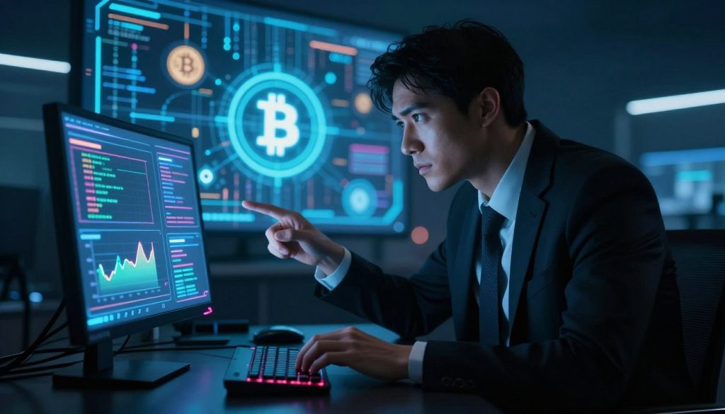 A dramatic scene depicting a digital heist in a futuristic setting, centered around the concept of a cyber attack on a cryptocurrency platform. In the foreground, a sleek, high-tech hacker interface glows with vibrant neon colors, showcasing digital graphs and code. The middle ground features a shadowy figure in professional business attire, intently focused on the interface, with a sense of urgency and tension in their posture. The background reveals a stylized representation of the cryptocurrency platform, with symbols of Bitcoin and other digital currencies cascading through a virtual landscape of data streams. The lighting is dim, with contrasting bright spots highlighting the hacker's intense expression and the glowing screen. The atmosphere conveys a sense of danger and intrigue, capturing the essence of a pivotal moment in digital history.