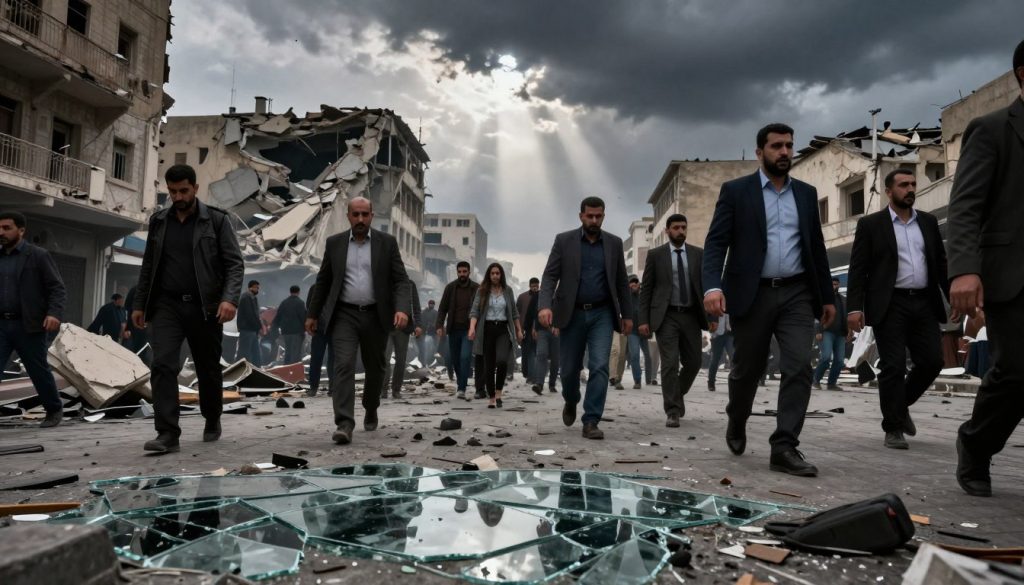 A dramatic scene depicting the rapid collapse of the Syrian regime, capturing the chaos and turmoil of urban streets. In the foreground, shattered glass and debris scatter across a city square, reflecting a sense of crisis. The middle ground features a diverse group of citizens, dressed in modest, professional attire, expressing concern and determination as they navigate the wreckage. In the background, crumbling buildings stand under a stormy sky, symbolizing the fall of power, with dark, ominous clouds rolling in. The lighting is moody and atmospheric, with shafts of light breaking through, creating a stark contrast between hope and despair. A low-angle perspective enhances the feeling of urgency and conflict within the captured moment.