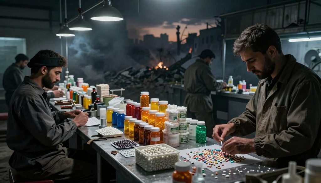A dramatic scene illustrating the themes of war economy and drugs, specifically focusing on Captagon production. In the foreground, a rugged industrial setting with workers in professional attire, assembling Captagon pills at a makeshift factory under dim, harsh lighting. In the middle ground, stacks of colorful pill bottles and raw materials scattered, suggesting an active drug trade, with shadows creating a tense atmosphere. In the background, a cityscape scarred by conflict, showing ruins and smoke rising against a darkening sky. The overall mood is somber and gritty, conveying the grave realities of drug trafficking intertwined with war. Use a wide-angle lens for depth, enhancing the sense of scale and urgency in the scene.