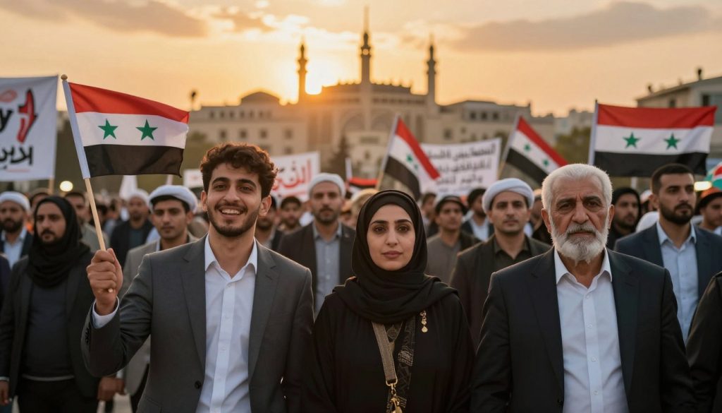 A dynamic depiction of the Syrian opposition and the revolution, showcasing a diverse group of individuals representing various factions and backgrounds. In the foreground, a group of three figures: a young man with a hopeful expression holding a Syrian flag, a woman in traditional attire symbolizing cultural heritage, and an older man with a determined look, all are dressed in professional attire. The middle ground features scenes of peaceful protests with banners and symbols of unity. In the background, a silhouette of the iconic Syrian architecture under a dramatic sunset, casting warm golden light. The atmosphere should evoke resilience and hope amidst struggle, with a slightly blurred lens effect to soften the focus on the details, adding depth to the scene.
