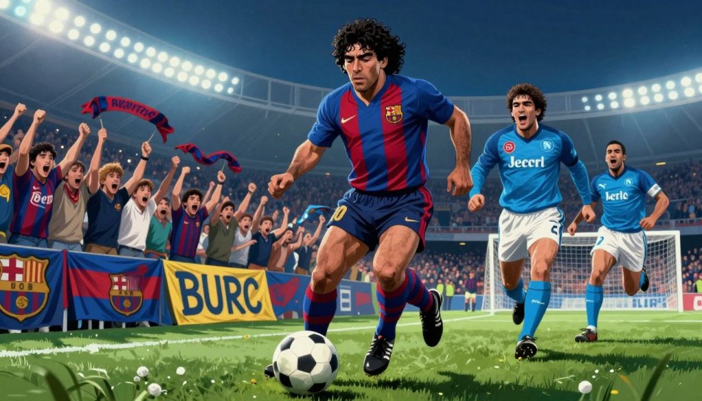 A dynamic illustration of Diego Maradona during his time in European football, specifically showcasing his iconic moments at FC Barcelona and Napoli. In the foreground, a passionately engaged Maradona dribbles the ball, wearing a classic Barcelona jersey with the number 10 and a Napoli jersey during a goal celebration, exuding determination and skill. In the middle ground, fans erupt in excitement, their expressions reflecting admiration and joy, with banners and scarves waving in support. The background features a vibrant European stadium, illuminated by floodlights under a night sky, enhancing the atmosphere of triumph. Capture the intensity of the moment with a low-angle perspective to emphasize Maradona's legend, using dramatic lighting that casts heroic shadows. The scene conveys a nostalgic yet energetic mood, celebrating Maradona's profound impact on football history.