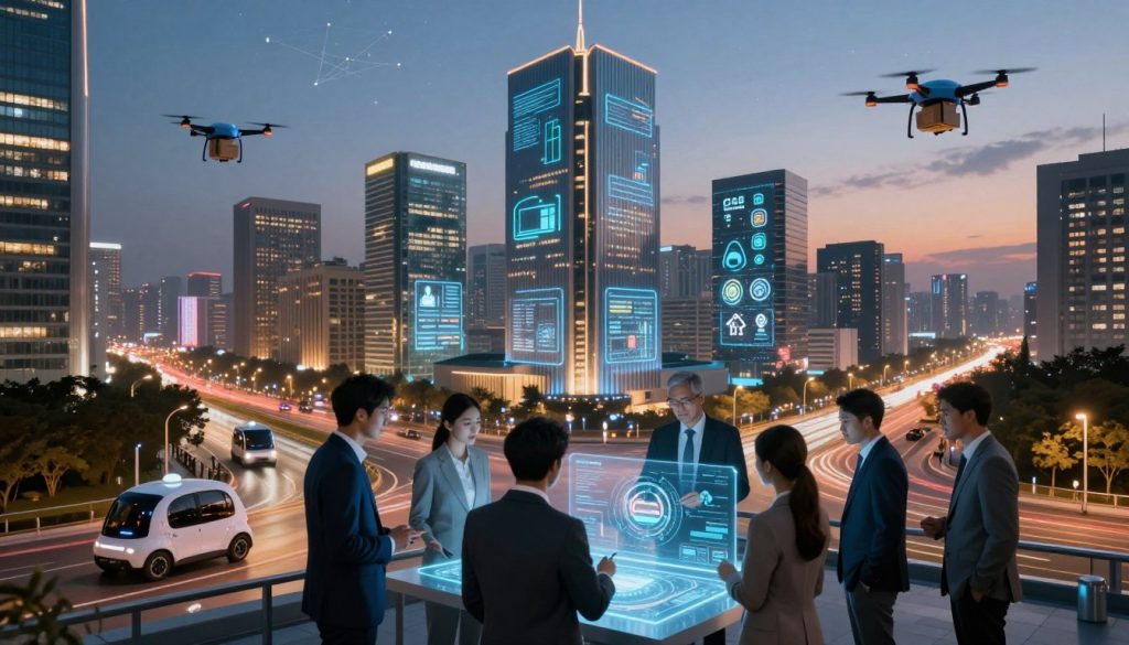 A futuristic city skyline at dusk, showcasing various applications of artificial intelligence in diverse fields. In the foreground, a diverse group of professionals in smart business attire collaborate around a holographic display, analyzing data patterns. The middle ground features autonomous vehicles navigating the streets, alongside drones delivering packages. In the background, smart buildings with glowing digital interfaces represent technologies in healthcare, finance, and education. The scene is illuminated by a blend of warm and cool lighting, creating a dynamic atmosphere that conveys innovation and collaboration. The angle is slightly elevated to capture the depth of the city and the interactions among the people, set against a twilight sky filled with shining stars and digital networks. A futuristic city skyline at dusk, showcasing various applications of artificial intelligence in diverse fields. In the foreground, a diverse group of professionals in smart business attire collaborate around a holographic display, analyzing data patterns. The middle ground features autonomous vehicles navigating the streets, alongside drones delivering packages. In the background, smart buildings with glowing digital interfaces represent technologies in healthcare, finance, and education. The scene is illuminated by a blend of warm and cool lighting, creating a dynamic atmosphere that conveys innovation and collaboration. The angle is slightly elevated to capture the depth of the city and the interactions among the people, set against a twilight sky filled with shining stars and digital networks.