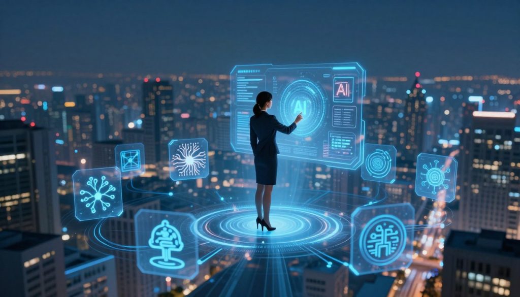 A futuristic digital landscape representing essential artificial intelligence technologies. In the foreground, visualize a sleek, modern set of AI icons, such as neural networks, machine learning graphs, and data processing visuals, arranged artistically. In the middle ground, display a professional woman in business attire, interacting with an advanced holographic interface showcasing various AI tools and algorithms. The background should feature a city skyline illuminated by a soft, blue glow, symbolizing innovation and technology. Use a high-angle view to emphasize the depth and complexity of the scene. The overall atmosphere should convey a sense of advancement and curiosity, with ambient lighting that highlights the digital elements without overshadowing them.
