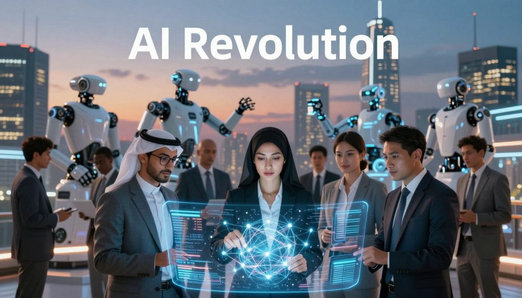 A futuristic scene illustrating the concept of "AI Revolution." In the foreground, a diverse group of professionals in business attire, including a woman of Middle Eastern descent and a man of Asian descent, collaborate around a holographic interface displaying complex data and neural networks. The middle ground features advanced robotics and AI-driven machines in action, symbolizing innovation and technology. The background showcases a high-tech city skyline, illuminated under a twilight sky, with a blend of warm and cool lighting to create a dynamic atmosphere. The overall mood is one of excitement and potential, inviting viewers to explore the advancements in AI technology.