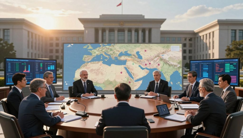 A highly detailed and evocative illustration representing &amp;amp;amp;amp;amp;quot;آلية السيطرة الأمنية والاقتصادية&amp;amp;amp;amp;amp;quot;. In the foreground, depict a round table featuring serious-looking politicians and advisors in professional business attire, engaged in a discussion surrounded by documents and digital screens displaying data. In the middle ground, show a large map of the region with strategic points highlighted, symbolizing control. The background should feature imposing government buildings with a slight lens flare from a setting sun, casting long shadows to enhance the mood of tension and authority. Use dramatic lighting to create a sense of intrigue, with a slightly blurred effect on the outer edges to draw focus to the central subject matter, illustrating the power dynamics in a sophisticated manner.