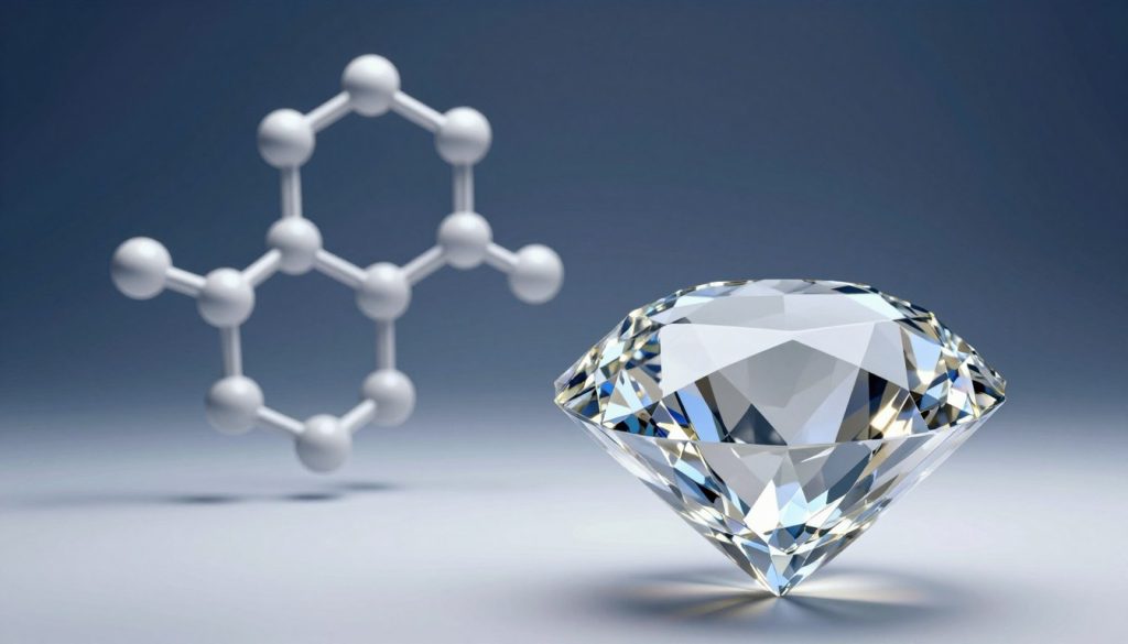 A highly detailed, scientific illustration of the chemical structure of diamond, showcasing its crystalline lattice made primarily of pure carbon atoms, arranged in a tetrahedral formation. In the foreground, depict a large, sparkling diamond crystal with realistic faceting that reflects light beautifully, emphasizing its clarity and brilliance. In the middle ground, include a magnified view of the atomic structure, representing carbon atoms bonded in a strong network. The background should feature a soft, gradient color palette of deep blues and subtle whites, creating a clean and professional atmosphere. Use soft, diffused lighting to highlight the crystal and atomic structure, conveying a sense of elegance and sophistication. The image should be sharply focused, with a macro lens effect to enhance the intricate details of the diamond's chemistry.