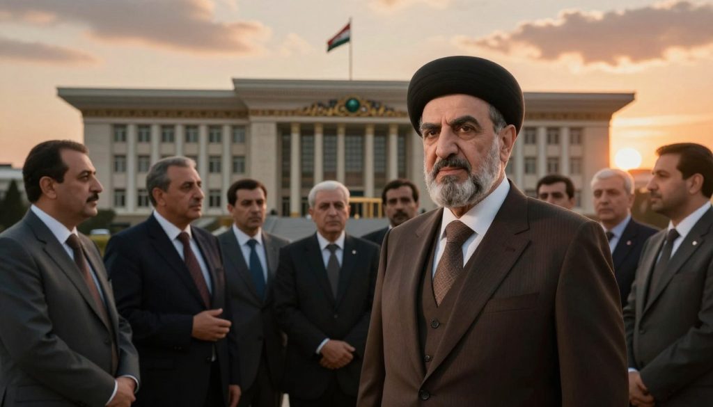 A historical depiction of Hafez al-Assad in a pivotal moment of establishing the Syrian security regime. In the foreground, a distinguished man in a formal suit, representing Assad, stands confidently with a meaningful expression, symbolizing power and authority. The middle ground features a group of professionals in business attire engaged in intense discussions, signifying the foundation of the security apparatus. The background showcases an imposing Syrian government building with flags, under a dramatic sunset that casts a warm glow, highlighting the seriousness of the era. The atmosphere is tense yet determined, capturing the essence of political maneuvering and the complexity of gaining power. The image should evoke a sense of historical significance, with soft yet focused lighting and a slight vignette to enhance depth.