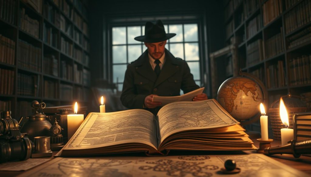 A historical representation of red mercury, blending the mystique of Cold War espionage with elements of folk mythology. In the foreground, an ancient alchemical manuscript lies open, surrounded by various artifacts like old spy gadgets and a vintage globe, illuminated by soft candlelight, casting flickering shadows. The middle ground features a shadowy figure dressed in 1960s military attire, examining the manuscript with a look of intrigue, while maps and cryptic symbols are partially visible behind them. The background is filled with a dimly lit library, shelves lined with dusty books, and a large window revealing a stormy sky, enhancing the atmosphere of mystery and tension. The angle captures a sense of depth, drawing the viewer into this enigmatic world, evoking curiosity about the secrets of red mercury. A historical representation of red mercury, blending the mystique of Cold War espionage with elements of folk mythology. In the foreground, an ancient alchemical manuscript lies open, surrounded by various artifacts like old spy gadgets and a vintage globe, illuminated by soft candlelight, casting flickering shadows. The middle ground features a shadowy figure dressed in 1960s military attire, examining the manuscript with a look of intrigue, while maps and cryptic symbols are partially visible behind them. The background is filled with a dimly lit library, shelves lined with dusty books, and a large window revealing a stormy sky, enhancing the atmosphere of mystery and tension. The angle captures a sense of depth, drawing the viewer into this enigmatic world, evoking curiosity about the secrets of red mercury.