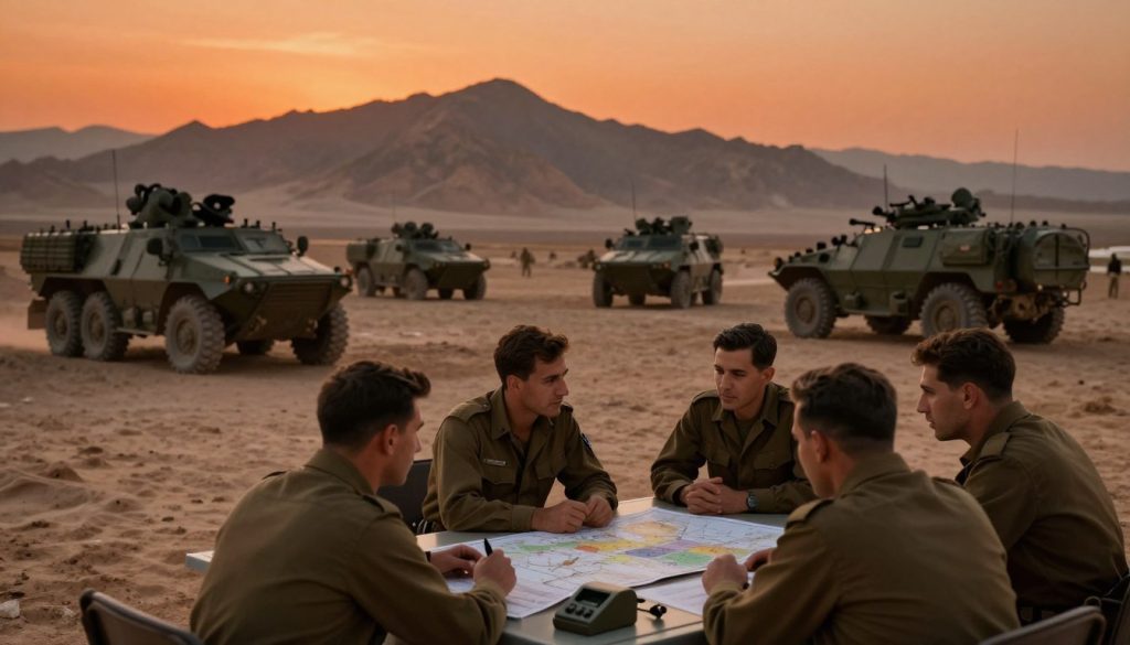 A historical scene depicting the Sinai War, showcasing a military command center in a desert landscape. In the foreground, soldiers in 1960s military uniforms are engaged in strategic discussions next to maps and communication equipment. The middle ground features armored vehicles and military equipment positioned on a sandy terrain, with the silhouette of the Sinai Peninsula's rugged mountains in the background. The sky is an intense dusk orange, casting dramatic shadows and creating a tense atmosphere. Use a wide-angle perspective to capture the scale, with a soft focus on the distant mountains to emphasize depth. The overall mood is serious and contemplative, reflecting the weight of historical conflict and strategy.