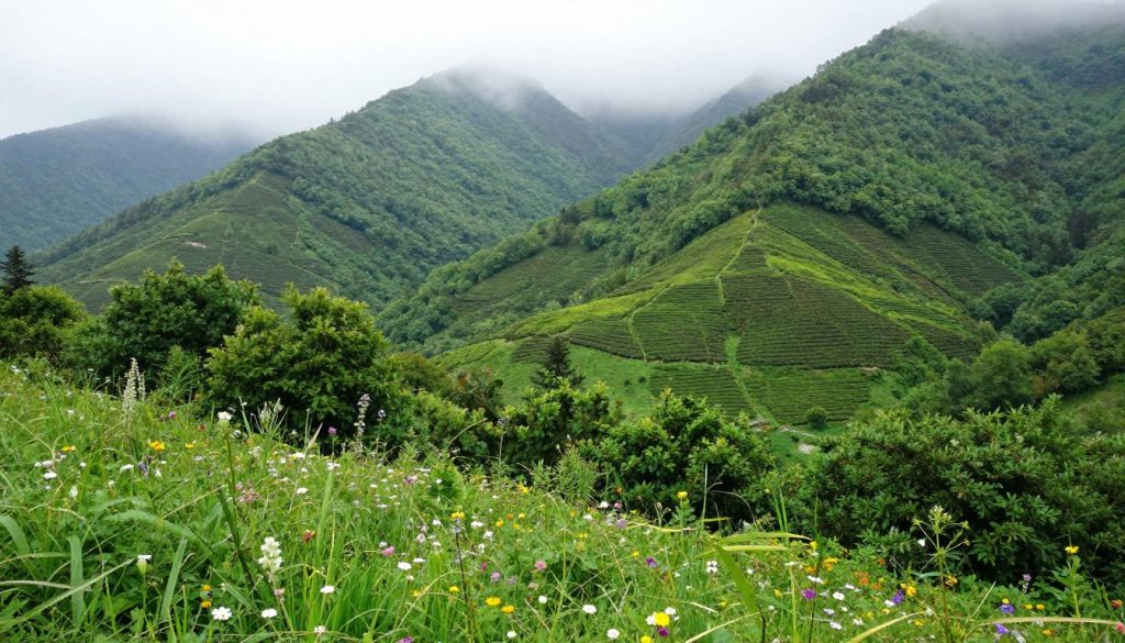 A lush, green landscape in Trabzon, Turkey, showcasing the region's vibrant greenery. In the foreground, a variety of wildflowers and shrubs frame the scene, adding bursts of color. The middle ground reveals rolling hills carpeted with dense forests and tea plantations, glistening under soft, diffused sunlight. Tall, mist-covered mountains form the backdrop, shrouded in an ethereal fog that creates a dreamlike atmosphere. The scene should evoke a sense of tranquility and freshness, highlighting Trabzon's natural beauty as a pristine lung of the region. Capture the image from a slight elevation, using a wide-angle lens to enhance depth and perspective. The overall mood should be serene and inviting, inviting the viewer to immerse themselves in nature. A lush, green landscape in Trabzon, Turkey, showcasing the region's vibrant greenery. In the foreground, a variety of wildflowers and shrubs frame the scene, adding bursts of color. The middle ground reveals rolling hills carpeted with dense forests and tea plantations, glistening under soft, diffused sunlight. Tall, mist-covered mountains form the backdrop, shrouded in an ethereal fog that creates a dreamlike atmosphere. The scene should evoke a sense of tranquility and freshness, highlighting Trabzon's natural beauty as a pristine lung of the region. Capture the image from a slight elevation, using a wide-angle lens to enhance depth and perspective. The overall mood should be serene and inviting, inviting the viewer to immerse themselves in nature.