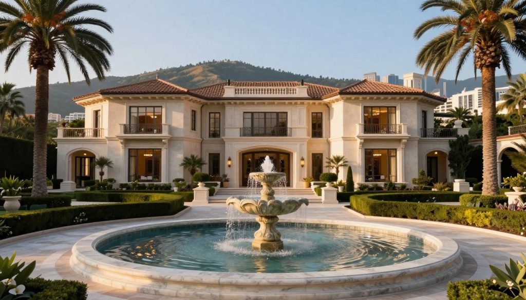 A luxurious opulent estate symbolizing wealth and power, surrounded by lush gardens and high-end architecture. In the foreground, a classic marble fountain with sparkling water reflects the sunlight. The middle ground features a grand mansion with large windows showcasing elegant interiors. Majestic palm trees frame the property, indicating a warm climate. In the background, rolling hills and the skyline of a wealthy city are visible under a clear blue sky. Soft, golden hour lighting bathes the scene, creating a warm and inviting atmosphere. The mood is majestic and prosperous, highlighting the grandeur of luxury and affluence without any human figures. The image embodies the essence of a financial empire spanning continents, focusing solely on the wealth and extravagant properties.