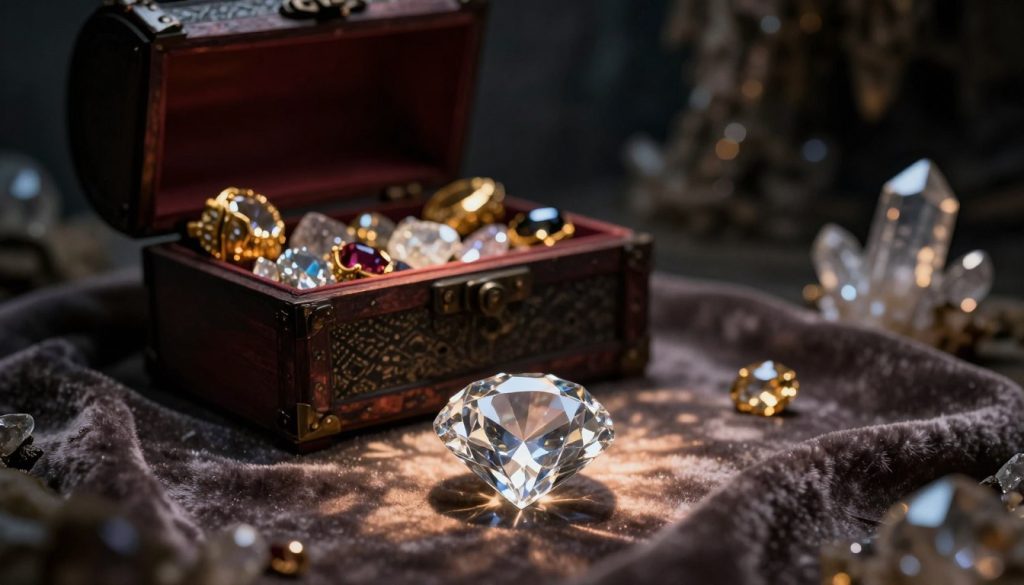 A mesmerizing scene of hidden diamond secrets reflected in a dark, intimate setting. In the foreground, a sparkling, flawless diamond rests on an elegant, aged velvet cloth, illuminated by soft, warm light that accentuates its facets. The middle ground features a mysterious, softly lit treasure chest partially open, revealing an array of shimmering, smaller gemstones and glistening gold artifacts. In the background, shadowy hints of a cavern adorned with shimmering crystals create an atmosphere of intrigue and discovery. The lighting casts delicate patterns on the surrounding surfaces, evoking a sense of enchantment. The overall mood is one of wonder, inviting the viewer to explore the hidden mysteries beneath the surface of opulence.