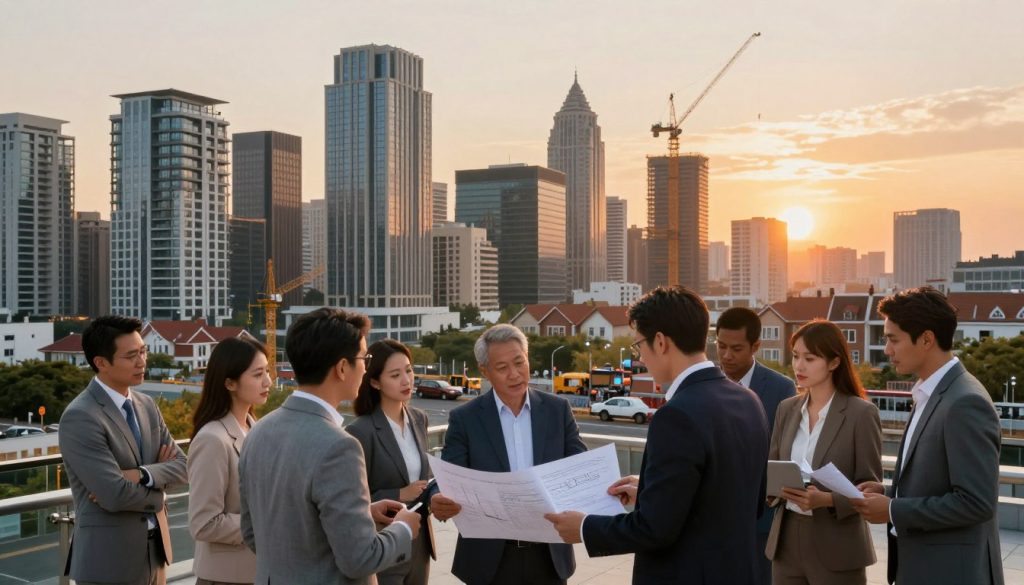 A modern and stylish urban skyline at sunset, showcasing diverse real estate types such as luxury apartments, commercial buildings, and cozy townhouses, symbolizing the importance of property investment. In the foreground, a diverse group of professionals in business attire, including men and women of various ethnicities, attentively discussing blueprints and investment plans. The middle ground contains bustling activity, with construction cranes and workers, highlighting growth and opportunity in real estate. The background features a vibrant sunset casting warm, golden light on the buildings, creating an optimistic atmosphere. Use a wide-angle lens to capture the expansive view, enhancing the depth of the image. The overall mood should be inspiring and dynamic, reflecting the increasing popularity of real estate investment.