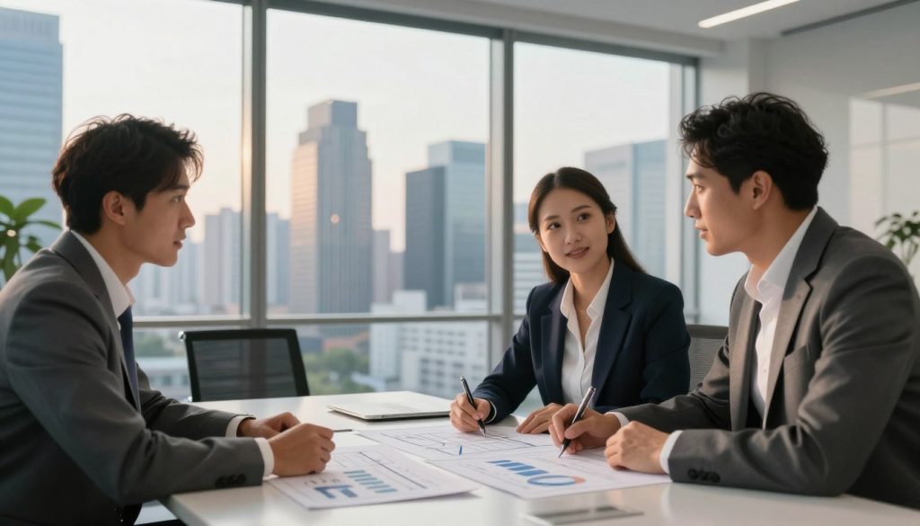 A modern and successful real estate investment scene, showcasing an elegant office setting in the foreground. A diverse group of three professionals—two men and one woman—are engaged in a discussion over architectural plans and financial graphs on a sleek conference table. Each individual is dressed in professional business attire. In the middle ground, large windows reveal a vibrant cityscape with skyscrapers, emphasizing growth and opportunity. The background features a well-lit urban skyline during the golden hour, adding warmth to the overall atmosphere. The lighting is soft yet bright, emphasizing the enthusiasm and optimism of the team. The angle captures a dynamic perspective, inviting viewers into the world of successful real estate investment.