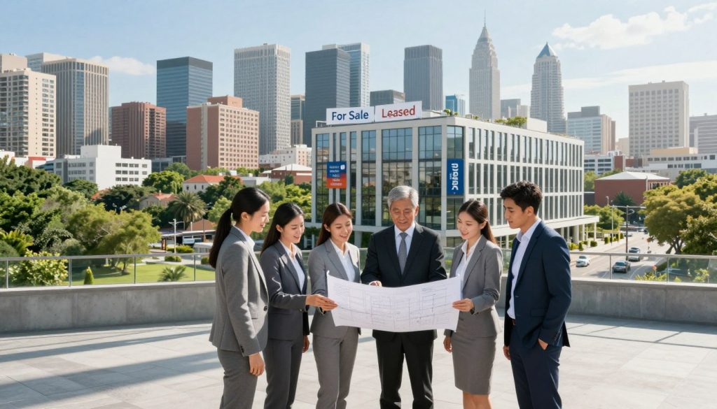 A modern real estate investment scene set in an urban environment. In the foreground, a diverse professional team, dressed in business attire, discussing a real estate blueprint with a city skyline in the background. The middle ground features a contemporary office building with "For Sale" and "Leased" signs strategically placed. The background showcases a bustling metropolitan area with green parks and residential neighborhoods. Bright daylight filters through clear blue skies, casting dynamic shadows on the ground. The atmosphere is collaborative and optimistic, highlighting the potential of real estate investment. Capture this scene with a wide-angle lens to emphasize the scale of both the team and the properties, ensuring a professional and inviting mood without any text or branding.