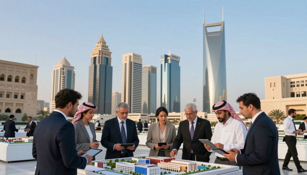 A panoramic view of the real estate market in Riyadh, showcasing a bustling cityscape. In the foreground, diverse professionals in business attire engage in discussions, examining architectural models and digital tablets, symbolizing active market analysis. The middle ground features a blend of modern skyscrapers and traditional Arabian architecture, highlighting the dynamic contrast of old and new. In the background, the iconic Kingdom Centre Tower rises against a clear blue sky, with sunlight reflecting off glass surfaces, enhancing the vibrant atmosphere. The scene is set in the late afternoon, casting soft shadows and warm light, conveying an optimistic and forward-looking mood about the future of real estate prices in Riyadh. A panoramic view of the real estate market in Riyadh, showcasing a bustling cityscape. In the foreground, diverse professionals in business attire engage in discussions, examining architectural models and digital tablets, symbolizing active market analysis. The middle ground features a blend of modern skyscrapers and traditional Arabian architecture, highlighting the dynamic contrast of old and new. In the background, the iconic Kingdom Centre Tower rises against a clear blue sky, with sunlight reflecting off glass surfaces, enhancing the vibrant atmosphere. The scene is set in the late afternoon, casting soft shadows and warm light, conveying an optimistic and forward-looking mood about the future of real estate prices in Riyadh.