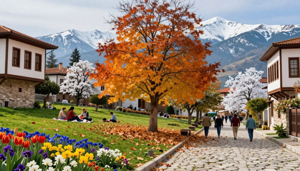 A picturesque representation of the four seasons in Turkey, capturing the beauty and diversity of nature. In the foreground, vibrant spring flowers bloom alongside traditional Turkish architecture, symbolizing renewal and warmth. The middle ground features a sunny summer landscape with lush greenery and people enjoying outdoor activities in modest, casual clothing. Autumn is depicted with trees adorned in rich shades of orange and gold, with scattered leaves on a charming cobblestone street. In the background, snow-capped mountains and a serene winter scene showcase Turkey's cold season. The scene is bathed in soft, natural light, creating a harmonious atmosphere that reflects the transition between seasons, promoting a sense of tranquility and wonder. The composition is balanced, inviting viewers to appreciate Turkey's seasonal beauty.