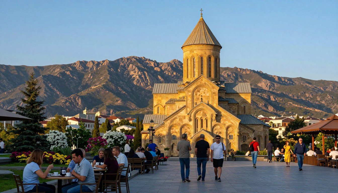 A picturesque view of Kutaisi, the cultural capital of Georgia, showcasing its architectural elegance and natural beauty. In the foreground, a lively plaza with locals dressed in modest casual clothing, enjoying coffee at outdoor cafes. The middle ground features the stunning Bagrati Cathedral, its ancient stone structure bathed in warm golden sunlight, surrounded by vibrant greenery and blooming flowers. In the background, the rugged Caucasus Mountains rise majestically against a clear blue sky, adding a sense of grandeur. The scene conveys a warm, inviting atmosphere, highlighting the city's role as a gateway to Western charm. Capture this moment during the golden hour with soft, diffused lighting to enhance the colors and create a serene mood.