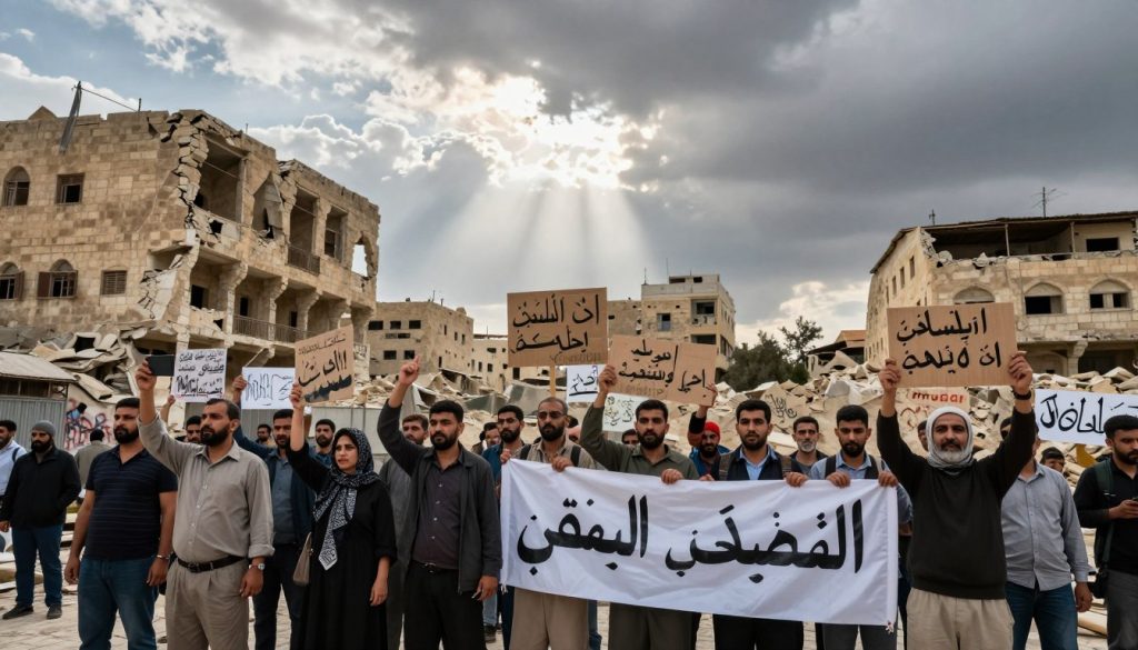 A pivotal moment depicting the origins of the Syrian revolution in Daraa. In the foreground, a group of peaceful protesters, men and women of various ages, dressed in modest casual clothing, hold up signs and banners, showing unity and determination. The middle ground features a crumbling cityscape representative of Daraa's architecture, with graffiti symbolizing resistance. The background reveals a cloudy sky, evoking a sense of foreboding, while rays of sunlight struggle to break through, symbolizing hope amidst turmoil. Capture this scene with a slightly low angle, highlighting the protesters against the impactful architecture, using natural lighting to enhance the mood of resilience and awakening. The atmosphere should balance tension and hope, reflecting the beginnings of a significant historical change.