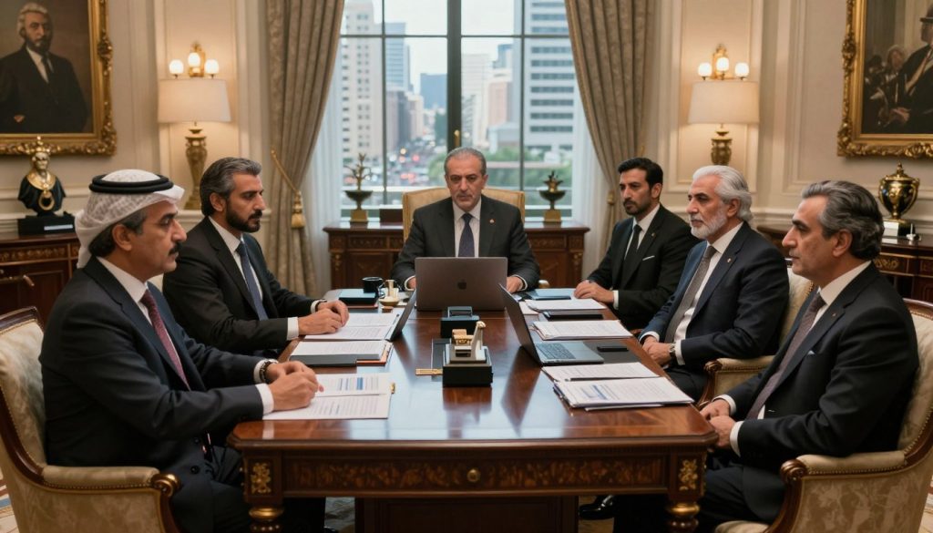 A powerful and affluent business family, the Makhloufs, gathered in an elegant, opulent office adorned with symbols of wealth and power, such as luxurious furnishings and artwork. In the foreground, a group of well-dressed individuals is engaged in a strategic discussion, exuding confidence and authority. The middle ground features a large, ornate wooden desk piled with financial reports and high-end devices, while in the background, large windows offer a view of a bustling city, symbolizing economic influence. Soft, dramatic lighting highlights the faces of the subjects, casting shadows that suggest intrigue and secrecy. The overall atmosphere is one of tension and ambition, capturing the essence of economic monopolies within the context of their family's legacy. The image should be grounded in realism, resembling a high-quality corporate portrait, with meticulous attention to detail portraying wealth and power dynamics.