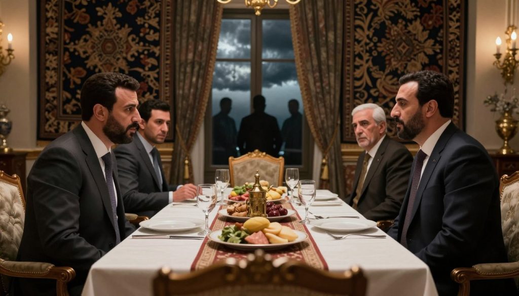 A powerful scene depicting the internal divisions within the Al-Assad family, set in a grand, opulent room filled with rich tapestries and golden decorations. In the foreground, two members of the family, dressed in elegant suits, are engaged in a heated discussion, their expressions reflecting tension and rivalry. The middle ground features a lavish dining table with a mix of symbolic wealth and empty plates, signifying disputes over resources. In the background, a large window reveals a stormy sky, hinting at turmoil, while shadowy figures lurk, representing hidden agendas. Use warm lighting to create an atmosphere of drama and conflict, focusing on a slightly low angle to emphasize the significance of the family and the weight of their struggles.