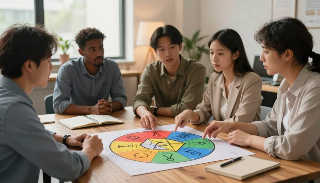 A serene and insightful workspace illustrating the Enneagram personality system. In the foreground, a wooden table holds a beautifully designed Enneagram diagram featuring the nine personality types, each represented with vibrant colors and symbols. On the table, a notepad and pen lie beside the diagram, hinting at personal reflection. In the middle ground, a diverse group of four individuals, dressed in professional business attire, engage in animated discussion, pointing to the diagram. Their expressions convey curiosity and understanding. The background showcases a cozy office with soft, warm lighting filtering through large windows, creating a calm and inviting atmosphere. The overall mood is one of collaboration and exploration, embodying the theme of personality analysis. A serene and insightful workspace illustrating the Enneagram personality system. In the foreground, a wooden table holds a beautifully designed Enneagram diagram featuring the nine personality types, each represented with vibrant colors and symbols. On the table, a notepad and pen lie beside the diagram, hinting at personal reflection. In the middle ground, a diverse group of four individuals, dressed in professional business attire, engage in animated discussion, pointing to the diagram. Their expressions convey curiosity and understanding. The background showcases a cozy office with soft, warm lighting filtering through large windows, creating a calm and inviting atmosphere. The overall mood is one of collaboration and exploration, embodying the theme of personality analysis.