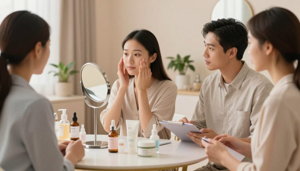 A serene and softly lit skincare consultation scene, focusing on a diverse group of individuals, including a woman and a man, both dressed in modest yet professional attire. The woman is examining her skin under a soft light, using a handheld mirror, while the man observes with interest, holding a notepad. In the foreground, a small table displays various skincare products labeled for different skin types: oily, dry, combination, and sensitive, neatly arranged. The background features a calming, pastel-colored room with plants and gentle lighting, creating a welcoming atmosphere. The overall mood is educational and inviting, emphasizing the importance of knowing one’s skin type for better skincare choices.