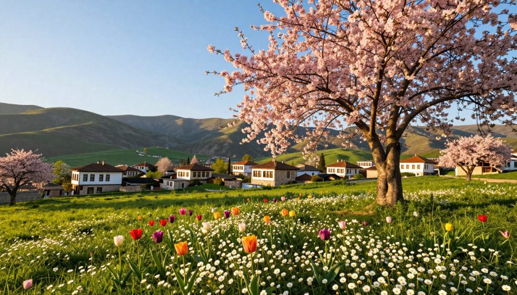 A serene spring scene in Turkey, showcasing vibrant wildflowers in full bloom, including tulips and daisies, carpeting a lush green meadow. In the foreground, a majestic cherry blossom tree with delicate pink petals, under a clear blue sky illuminated by warm, golden sunlight. The middle ground features a traditional Turkish village with whitewashed stone houses, surrounded by rolling hills blanketed in greenery. In the background, the soft silhouette of distant mountains, hinting at the beauty of the landscape. The atmosphere is tranquil and inviting, evoking the freshness and renewal of spring. Use a wide-angle lens to capture the depth and richness of the colors, ensuring the lighting enhances the natural beauty.