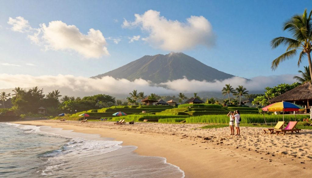 A serene tropical landscape showcasing the beauty of Bali. In the foreground, a tranquil beach with soft, golden sand and gentle waves lapping at the shore, dotted with a few colorful beach umbrellas and lounge chairs. The middle ground features a lush green rice terrace with a vibrant blue sky dotted with fluffy white clouds. A couple of travelers, casually dressed in light, breathable clothing, are taking photos and enjoying the scenery, embodying the spirit of exploration. The background reveals majestic volcanic mountains, partially hidden by rolling mist, adding depth and mystique to the image. Warm, soft lighting enhances the tranquil atmosphere, reminiscent of a picturesque sunset, creating a peaceful and inviting mood. A serene tropical landscape showcasing the beauty of Bali. In the foreground, a tranquil beach with soft, golden sand and gentle waves lapping at the shore, dotted with a few colorful beach umbrellas and lounge chairs. The middle ground features a lush green rice terrace with a vibrant blue sky dotted with fluffy white clouds. A couple of travelers, casually dressed in light, breathable clothing, are taking photos and enjoying the scenery, embodying the spirit of exploration. The background reveals majestic volcanic mountains, partially hidden by rolling mist, adding depth and mystique to the image. Warm, soft lighting enhances the tranquil atmosphere, reminiscent of a picturesque sunset, creating a peaceful and inviting mood.
