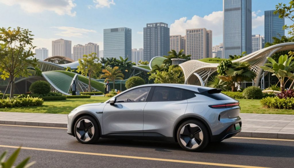A sleek, futuristic compact car representing economic efficiency, park on a vibrant urban street in 2025. The foreground features the car with smooth lines and an aerodynamic design, reflecting a modern aesthetic. In the middle ground, urban greenery and sustainable architecture enhance the scene, showcasing a harmonious blend of technology and nature. The background displays a bustling city skyline under a bright blue sky with soft, warm lighting, creating an inviting atmosphere. The overall mood should reflect optimism and innovation, emphasizing sustainability and the future of transportation. Use a wide-angle lens to capture the car's details and the surrounding environment, without any text, watermarks, or distractions.