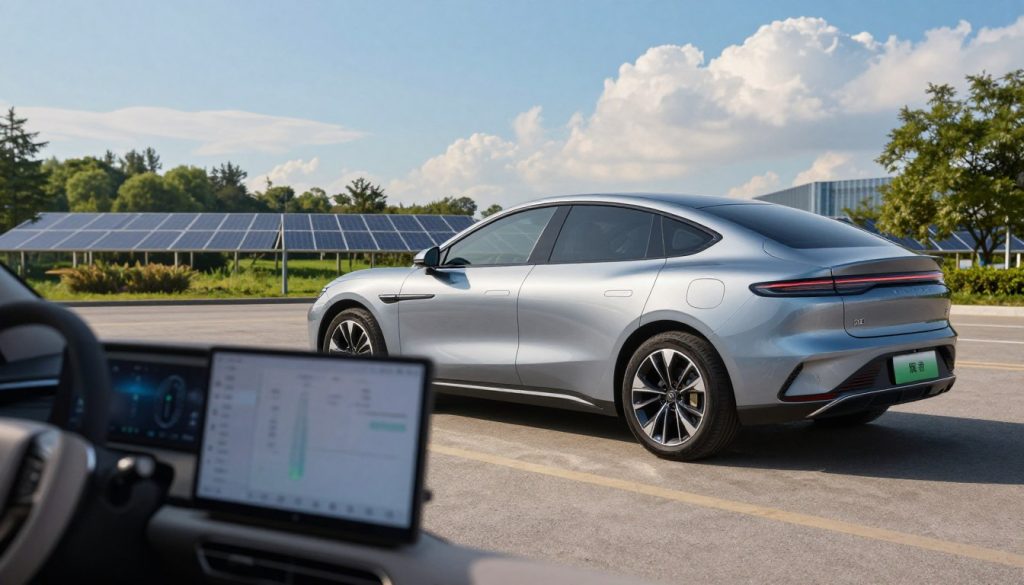 A sleek, modern fuel-efficient car is parked in an eco-friendly urban setting, showcasing its aerodynamic design and energy-efficient features. In the foreground, a close-up of the car's dashboard highlights advanced fuel consumption metrics displayed on a digital screen. The middle ground features green landscapes, including trees and solar panels, emphasizing sustainability. In the background, a clear blue sky with soft clouds creates a serene atmosphere. The lighting is bright and inviting, casting gentle reflections off the car's glossy surface. The image captures a sense of innovation and environmental awareness, embodying the concept of modern economic vehicles in an engaging and visually appealing manner.