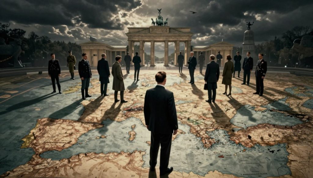 A somber and powerful scene depicting the global impact of Adolf Hitler, centered around a vintage style map of the world, with dark historical tones. In the foreground, a figure symbolizing leadership, dressed in professional attire, stands contemplatively, reflecting the weight of history. The mid-ground features shadows of people from various walks of life—soldiers, civilians, and leaders—merged into the landscape, representing the varied effects of his regime. In the background, dark clouds gather over iconic landmarks like the Brandenburg Gate, symbolizing conflict and change. The lighting is dramatic, with sharp contrasts highlighting key elements and creating a mood of gravity and reflection. The angle is slightly elevated, providing a sweeping view that underscores the far-reaching consequences of his actions.
