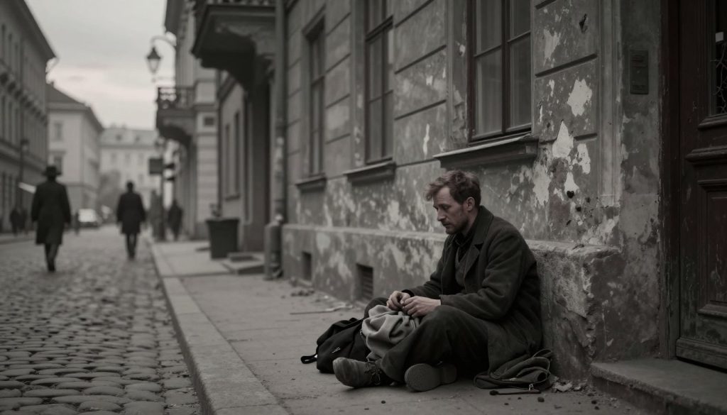 A somber scene depicting the years of homelessness and poverty in Vienna during the early 20th century. In the foreground, a weary man in modest clothing sits on a cobblestone street, holding a small bundle of belongings. His expression reflects despair and resilience. The middle ground showcases shabby buildings with peeling paint and dimly lit windows, hinting at the struggles faced by the city's inhabitants. In the background, a gloomy sky looms, casting a gray light over the scene, while distant silhouettes of people move aimlessly, underscoring the atmosphere of hopelessness. The overall mood is melancholic, accentuated by soft, diffused lighting to evoke a sense of reflection on hardship and survival.