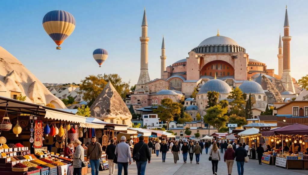 A stunning collage of Turkey's diverse tourist destinations, showcasing the iconic landscapes from the foreground to the background. In the foreground, a vibrant market scene with travelers in modest casual clothing exploring local crafts and spices. In the middle ground, the breathtaking sights of Cappadocia's fairy chimneys and hot air balloons soaring in a clear blue sky. The background features the majestic silhouette of the Hagia Sophia and the bustling streets of Istanbul, bathed in warm golden sunlight. The overall atmosphere is inviting and magical, reflecting Turkey's rich cultural heritage and natural beauty. Soft, diffused lighting accentuates the details, creating a picturesque scene that captures the essence of Turkey as a unique travel destination.
