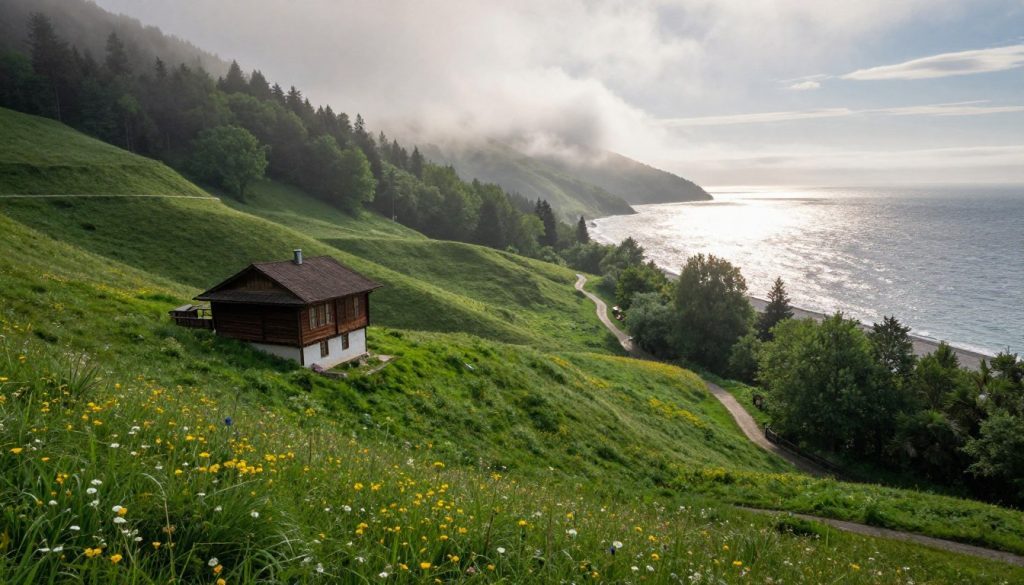 A stunning landscape of Trabzon, often referred to as the "Pearl of the Black Sea." In the foreground, lush green hills adorned with vibrant wildflowers gently slope towards a quaint traditional wooden house, showcasing a blend of rustic architecture. The middle ground reveals winding paths leading through dense, mist-covered forests, hinting at adventure and exploration. In the background, the shimmering Black Sea glistens under soft morning light, with gentle waves lapping at the shore. The sky is partially cloudy, creating a serene and ethereal atmosphere. Capture this scene with a wide-angle lens for an immersive perspective, highlighting the rich green hues and the mystical fog. Ensure the mood conveys tranquility and awe, inviting viewers to experience the beauty of this unique geographical gem. A stunning landscape of Trabzon, often referred to as the "Pearl of the Black Sea." In the foreground, lush green hills adorned with vibrant wildflowers gently slope towards a quaint traditional wooden house, showcasing a blend of rustic architecture. The middle ground reveals winding paths leading through dense, mist-covered forests, hinting at adventure and exploration. In the background, the shimmering Black Sea glistens under soft morning light, with gentle waves lapping at the shore. The sky is partially cloudy, creating a serene and ethereal atmosphere. Capture this scene with a wide-angle lens for an immersive perspective, highlighting the rich green hues and the mystical fog. Ensure the mood conveys tranquility and awe, inviting viewers to experience the beauty of this unique geographical gem.