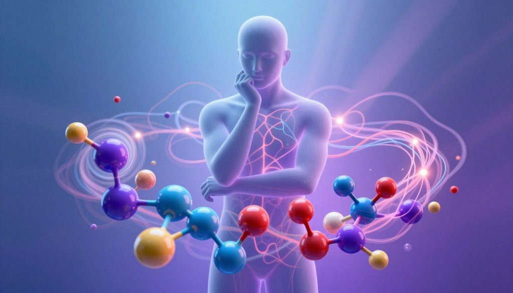 A surreal representation of hormonal imbalances and neurotransmitters depicted as vibrant, abstract visuals. In the foreground, colorful, swirling molecules symbolize neurotransmitters like serotonin and dopamine, dynamically interacting with each other. The middle layer features an abstract human silhouette, depicted in a thoughtful pose, with glowing connections representing neural pathways and hormonal flows surrounding it. The background is a gradient of soft blues and purples, creating a calm yet introspective atmosphere, illuminated with subtle light rays suggesting enlightenment. The scene is well-lit, capturing a sense of depth and complexity, emphasizing the intricate relationship between emotions and biology. The overall mood conveys introspection and curiosity, inviting viewers to explore the hidden causes of sudden sadness. A surreal representation of hormonal imbalances and neurotransmitters depicted as vibrant, abstract visuals. In the foreground, colorful, swirling molecules symbolize neurotransmitters like serotonin and dopamine, dynamically interacting with each other. The middle layer features an abstract human silhouette, depicted in a thoughtful pose, with glowing connections representing neural pathways and hormonal flows surrounding it. The background is a gradient of soft blues and purples, creating a calm yet introspective atmosphere, illuminated with subtle light rays suggesting enlightenment. The scene is well-lit, capturing a sense of depth and complexity, emphasizing the intricate relationship between emotions and biology. The overall mood conveys introspection and curiosity, inviting viewers to explore the hidden causes of sudden sadness.