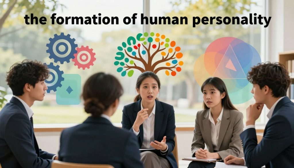 A thoughtful depiction of "the formation of human personality," showcasing a diverse group of individuals engaged in deep discussion, surrounded by symbols of psychology and development such as gears, a tree of life, and geometric shapes. In the foreground, capture three figures in professional business attire, representing different personality types: an extroverted person animatedly speaking, an introverted individual listening intently, and a reflective thinker contemplating. The middle ground features abstract representations of different personality traits, with vivid colors and soft gradients to suggest emotional depth. In the background, a serene environment with soft natural lighting, perhaps a park or a library, conveys a sense of knowledge and introspection. The overall mood is insightful and reflective, inviting viewers to explore the complexities of human personality formation. A thoughtful depiction of "the formation of human personality," showcasing a diverse group of individuals engaged in deep discussion, surrounded by symbols of psychology and development such as gears, a tree of life, and geometric shapes. In the foreground, capture three figures in professional business attire, representing different personality types: an extroverted person animatedly speaking, an introverted individual listening intently, and a reflective thinker contemplating. The middle ground features abstract representations of different personality traits, with vivid colors and soft gradients to suggest emotional depth. In the background, a serene environment with soft natural lighting, perhaps a park or a library, conveys a sense of knowledge and introspection. The overall mood is insightful and reflective, inviting viewers to explore the complexities of human personality formation.